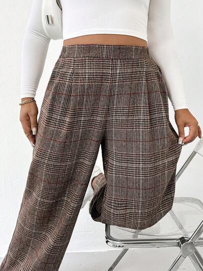 Shapeblank Plus Size Women's Pear-Shaped Body And Fashion Casual Loose Comfortable Daily Retro Brown Plaid Warm Elastic Waist Wide Leg Pants,Women Bottom,Work Pants, Women's Clothes Brown Pants For Women Spring