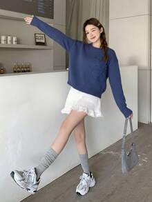 SHEIN Teen Girls Floral Pattern Solid Color Crew Neck Sweater, 3D Flower Decor, Suitable For Winter, Halloween - Navy Blue - View 5