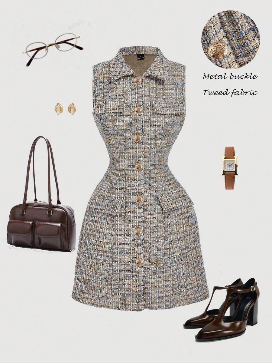 SHEIN MOD Women Elegant Tweed Collared Sleeveless Dress , Button-Down Dress, Suit Skirt, Back-To-School Season, Business Casual Women's Wear, Western-Style Women's Wear,  Christmas  Dress ,New Year  Dress,Thanksgiving  Dress - Multicolor - View 1