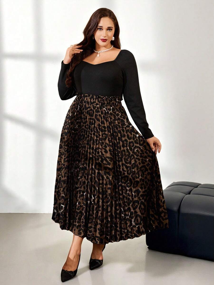SHEIN Clasi 大码豹纹甜心领插肩袖时尚优雅褶裥连衣裙 - 黑色 - 查看 1