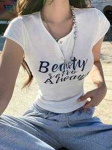 DAZY T-shirt décontracté à manches courtes, col rond, imprimé lettres, demi-zip pour femmes en été