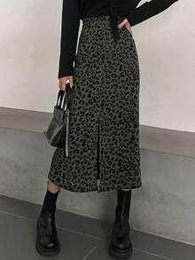 Dazy Tall 高个女式豹纹长开衩灯芯绒休闲裙 - 軍綠色 - 查看 3