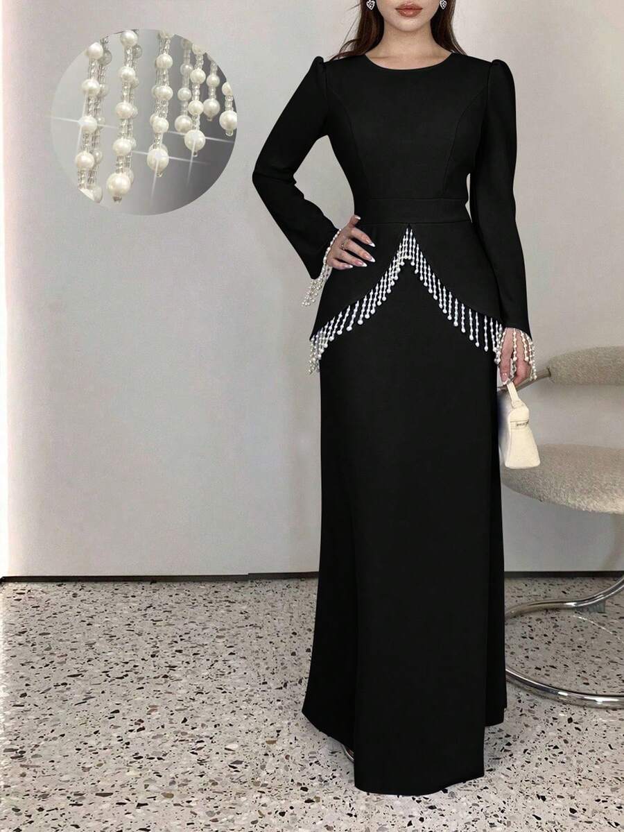 SHEIN Elenzya 优雅浪漫修身珍珠流苏装饰圆领长袖A字连衣裙，适合女士参加派对和正式场合。 - 黑色 - 查看 1