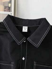 SHEIN 青少年男童撞色拼接长袖休闲衬衫，黑色，面料柔软，适合日常穿着、上学、旅行、户外活动，春夏季节、假期、海滩度假皆宜。 - 黑色 - 查看 3