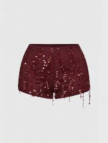 ROMWE Grunge Punk Y2K 坏女孩音乐节服装金属十字架吊坠 PU 拼接渔网串珠露背吊带女装套装 - 酒紅色 - 查看 6