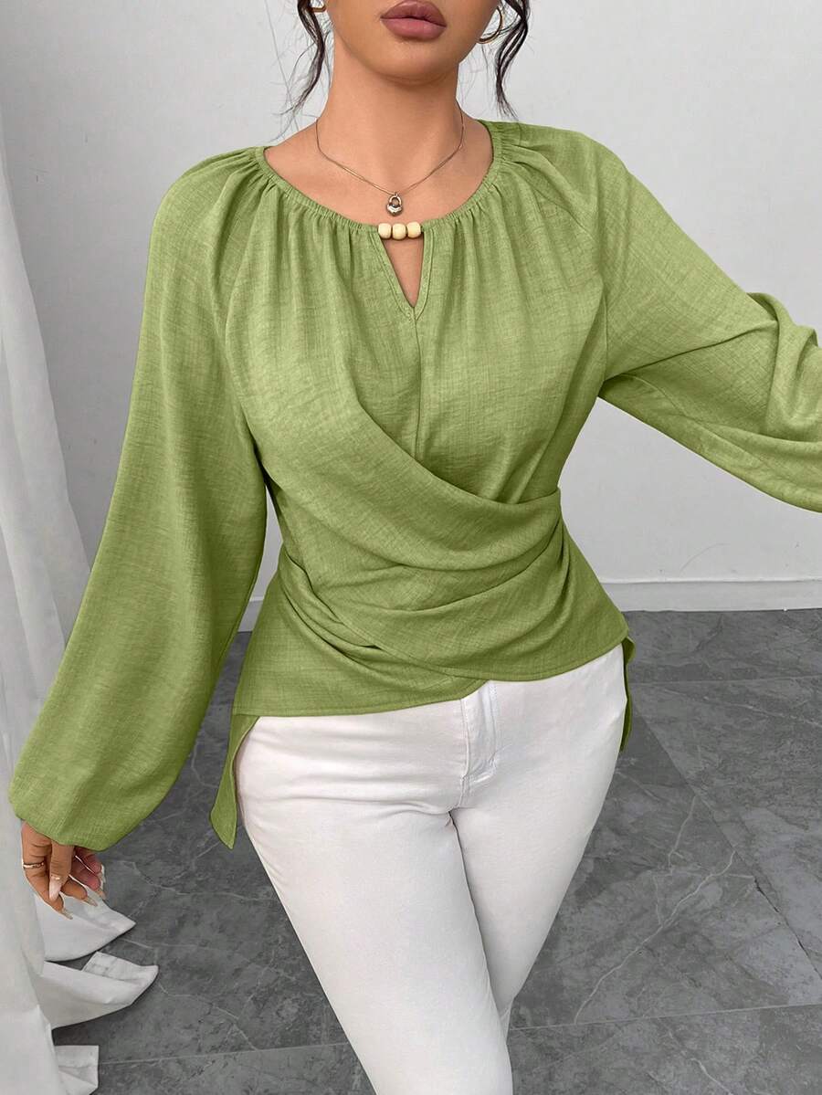 Elenzga 女士串珠裹身式束腰衬衫，秋冬款 - 青檸色 - 查看 1