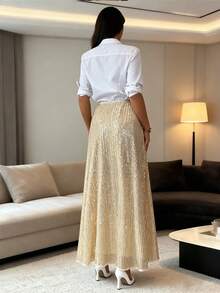 Rafferiza Saia Evasê com Cintura Elástica e Paetês, Estilo Francês de Alta Qualidade