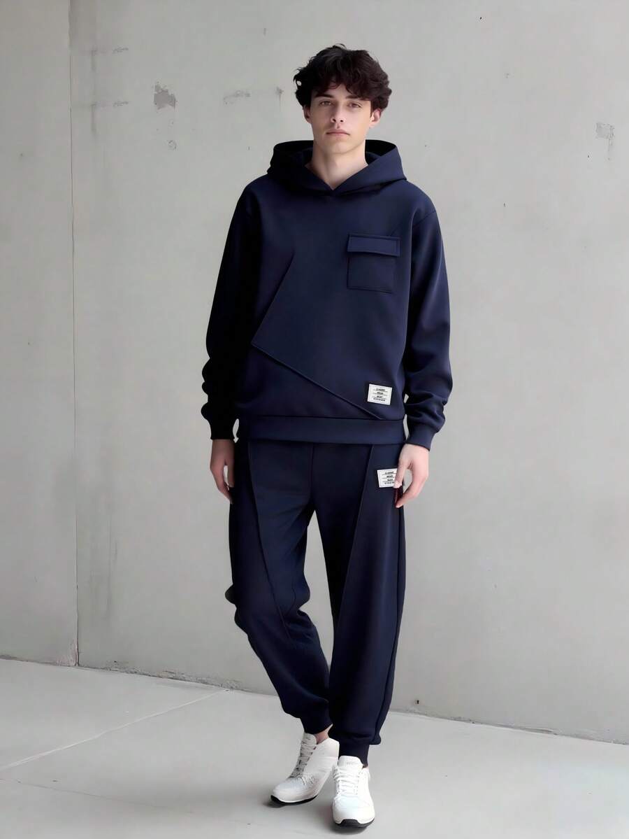 SHEIN Vacaura 2 件套青少年连帽不对称拼接设计海军蓝口袋运动衫和休闲运动裤，春秋季 - 藏蓝色 - 查看 1