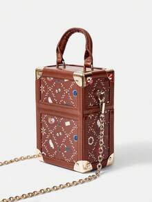 HARRY POTTER X SHEIN 复古棕色盒子斜挎包，印有可爱图案，小巧的手提包，Y2K 圣诞节礼物之选，适合节日和派对 - 咖啡 - 查看 5