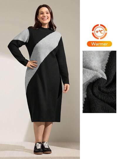 Momelise Plus Size Colorblock Minimalist Long Sleeve Sweater Dress, Everyday Wear