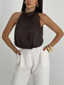Aloruh Coffee Color Minimalist Criss-Cross Backless Crop Top For Office/Casual Wear - Coffee Brown - View 6