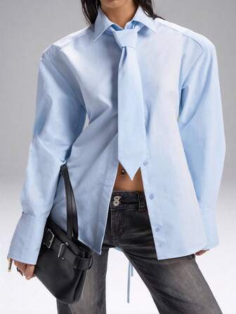 LYSMO 2025 New Minimalist Blue Oversized Shoulder Pad Tie Collar Long Sleeve Belted Shirt For Women, Suitable For Daily Wear, Commute, Office Attire, Preppy Style, Urban Fashion
