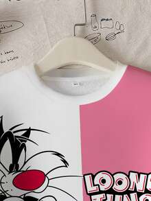 LOONEY TUNES X SHEIN 少女休闲时尚街头风可爱卡通字母印花撞色宽松保暖抓绒套头卫衣，秋冬季 - 白色 - 查看 4