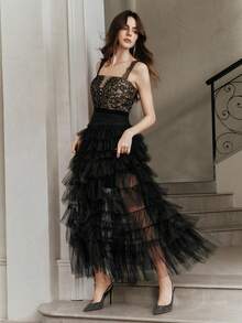 Anewsta Lace Patchwork Multi-Layer Mesh Ruffle Hem Spaghetti Strap Square Neck Dress - Black - View 3