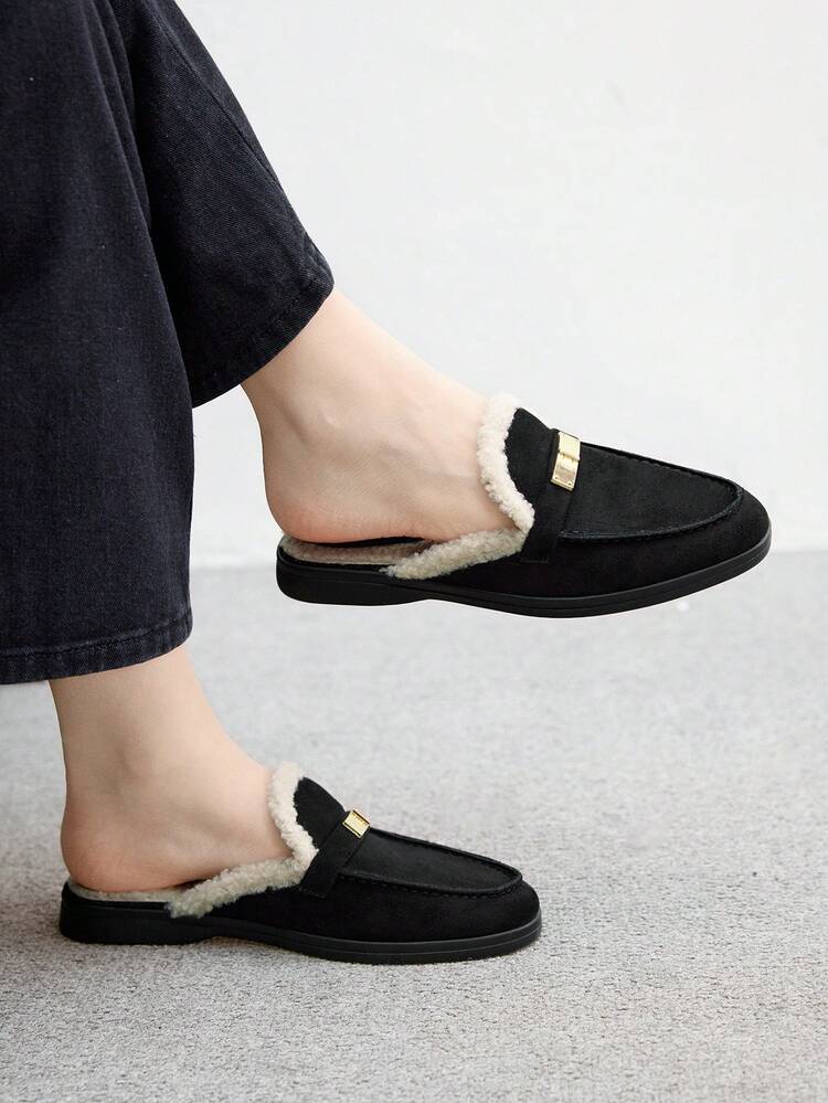 CUCCOO BIZCHIC Women's Fashionable Black Suede Comfortable Thick Faux Fur Slip-On Mules, Flat Casual Loafers Suitable For Outdoor, Work, Daily Wear For Christmas Spring Shoes