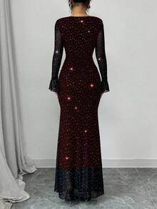 Rafferiza Elegantes Partykleid mit asymmetrischem Ausschnitt, plissierter Vorder- und Seitenpartie, Meerjungfrauensaum, Trompetenärmel für Frauen in Schwarz, Herbst/Winter, Jacquard-Strick-Mesh-Gewebe mit Silberfolie Maxikleid - Bordeaux - Übersicht 2