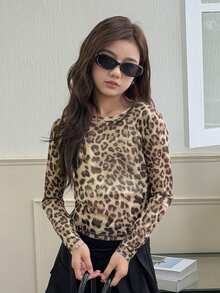 DAZY Casual Leopard Print Slim Fit Crew Neck Long Sleeve Tween Girls T-Shirts - Brown - View 6