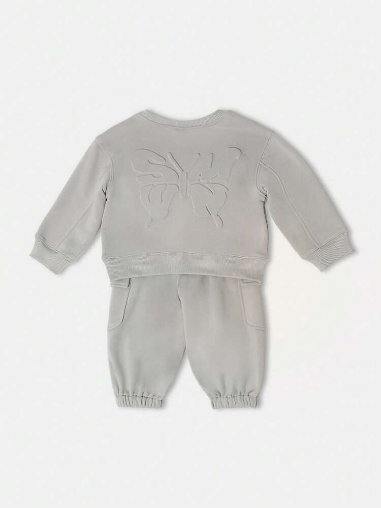 Butterfly Embossed Crewneck Sweatshirt With Elastic Joggers