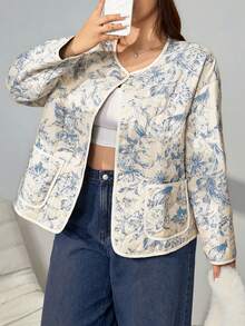 SHEIN EZwear 加大码加厚棉服外套，秋冬花卉印花夹克绗缝夹克女士绗缝夹克 - 彩色 - 查看 7
