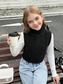 SHEIN Serisse Kids 少女两件套针织无袖羊毛扭结高领上衣 - 黑與白 - 查看 6