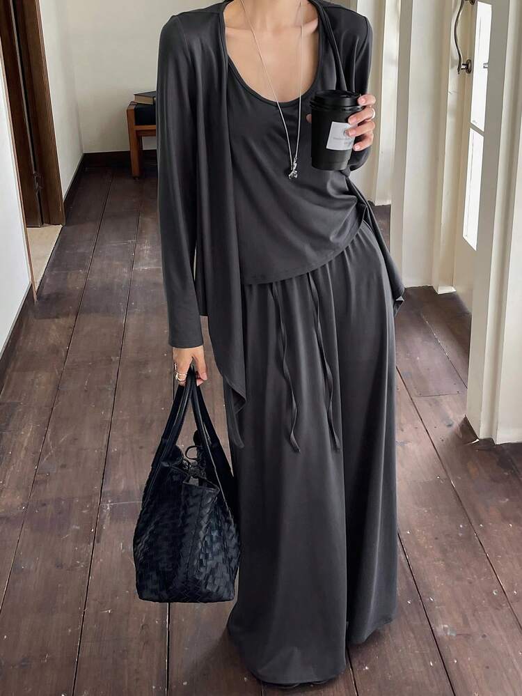 3pcs/Set Women Fitted Tank Top, Loose Cardigan & A-Line Long Skirt Casual Sports Outfit, Autumn/Winter