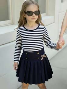 SHEIN Girls' Casual High Waist 2-Row Button Decor Pleated A-Line Skirt, Suitable For Spring, Summer, Autumn, Casual Outings, Versatile, Can Be Paired With T-Shirts, Hoodies, Or Shirts - Navy Blue - View 2