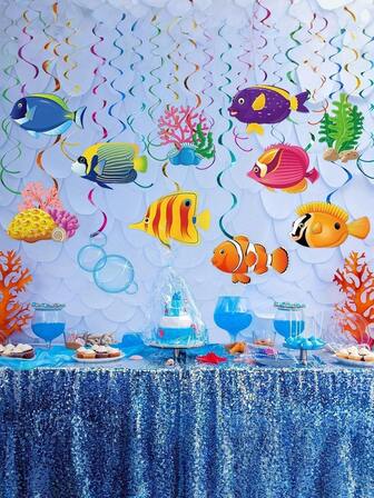 44 piezas Decoraciones colgantes con remolinos de animales marinos, peces tropicales, tema del océano para fiesta de cumpleaños, decoraciones para fiesta de sirena y criaturas marinas