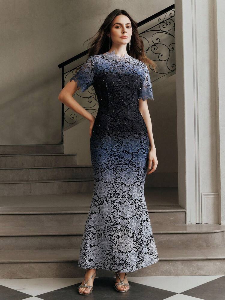 取り外し可能な袖、オンブレレース、Vネック オープンバック、ジッパー開閉、ビーズ装飾、フロアレングスヘム