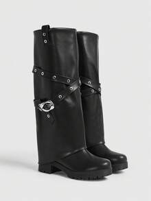 Sugerpunk Women's Fashion Adjustable Buckle Thick Heel Knee-High Boots For Christmas - Black - View 1