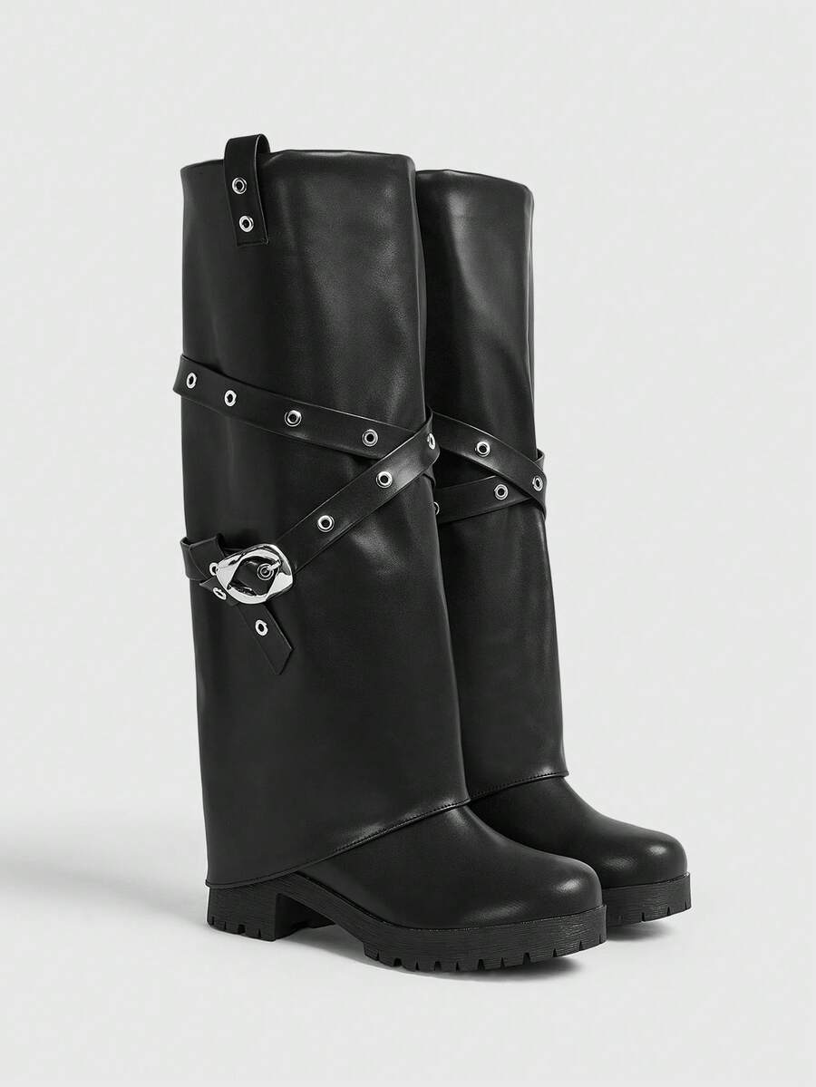 Sugerpunk Women's Fashion Adjustable Buckle Thick Heel Knee-High Boots For Christmas - Black - View 1