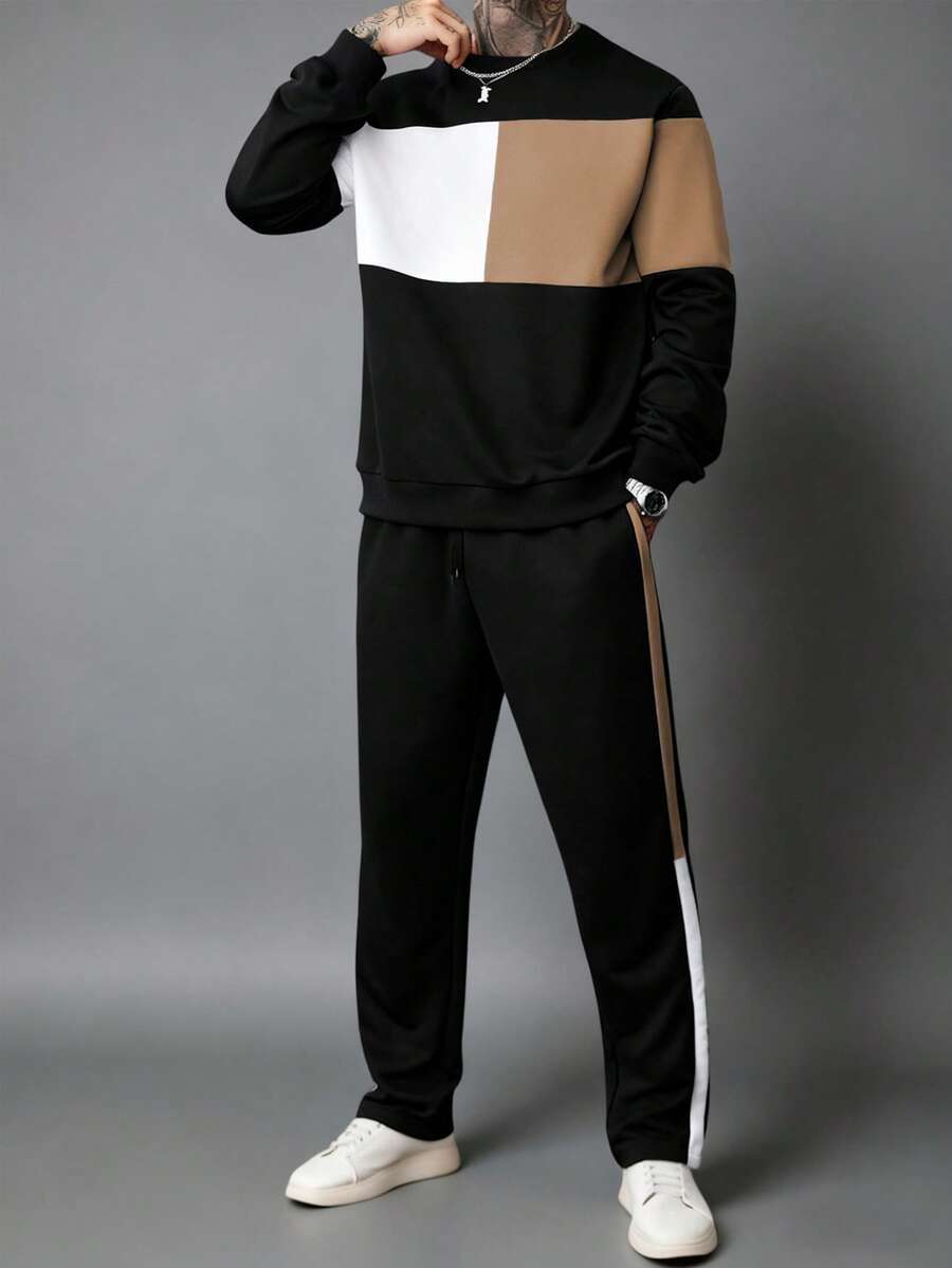 Manfinity Homme Men's Contrast Color Drop Shoulder Long Sleeve Loose Casual Pullover Sweatshirt Set Men's Two Pieces Set Tuxedo Men's Jogger Set Men Tracksuit Sets Men 2 Pieces Sweatsuit Hodddie Old Money,Daily Leisure, Weekend Trips, Outdoor Activities, Travel Expeditions, Relaxed Work Environments Or Semi-Formal Occasions, Boyfriend/Husband Gift, Anniversary /Birthday Gift Party Christmas New Years - Black - View 1