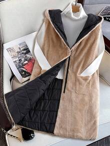SHEIN CURVE+ Große Größen ärmelloser, warm gefütterter, lang geschnittener Mantel mit Kapuze, Winterkollektion - Verschiedenfarbig - View 7