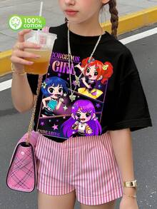 algodón puro t shirts girls clothes shirts girl clothes teen girl clothes kids clothes girls mommy and daughter matching outfit shirts for teen girls clothes graphic kpop cute tops teen girls clothes girls clothing girls shirts kpop demom hunters - Negro - Ver 1