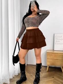 SHEIN PETITE CURVE 大码女式纯色百褶裙，休闲日常穿着 - 咖啡棕 - 查看 3