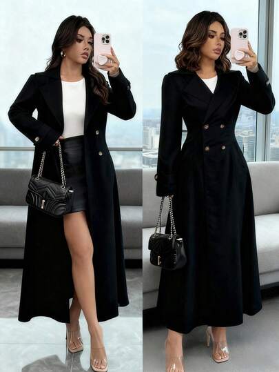 Rafferiza Chubasquero largo de doble botonadura con cintura ceñida, color caqui, chaqueta cortavientos para mujer de primavera/otoño, ropa de mujer de otoño, ropa casual y elegante de mujer