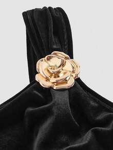 SHEIN MOD 大码复古优雅女士单肩金属扣长裙，天鹅绒美人鱼连衣裙，酒红色，冬季连衣裙 - 黑色 - 查看 4