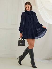 Enchnt Women's Fashion Tie Collar Round Dot Ruffle Hem Short Dress,Fall,Fall Clothes For Women,Women's Winter Clothes