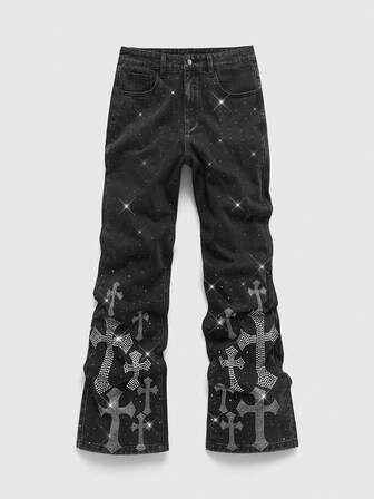 Street Life Men's Rhinestone Cross Embellished Solid Color Pockets Versatile Denim Jeans