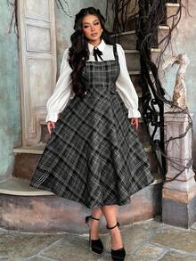 Lyrianda 大码女式翻领半开襟衬衫领二合一红色格子撞色纽扣优雅复古休闲中长A字连衣裙