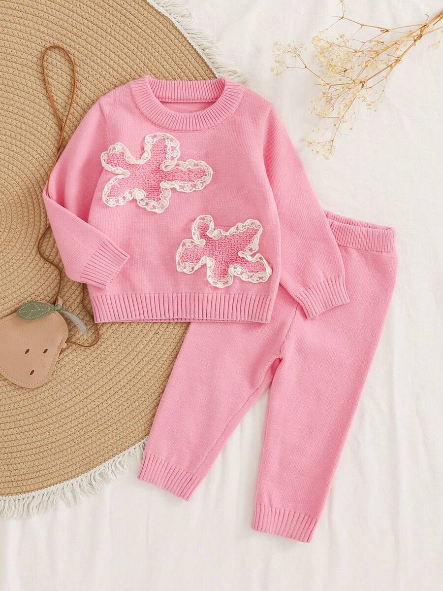 SHEIN Vintaside Kids Baby Girls Knitted Sweater Set, Infant Yellow Long Sleeve Sweater Top + Sweater Pants 2-Piece Outfit, Jacquard Pattern With Ruffle Trim, Suitable For Autumn/Winter, Daily Wear, Outings And Travel Cozy Pixies Baby Girl Set Baby Set Autumn Winter Season Baby Girl Sweat Set Baby Girl Long Sleeve Set Two Piece Winter Outfits For Toddler Girl