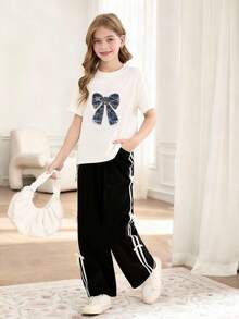 2pcs/Set Girls Rhinestone Bow Decor Top And Striped Bow Pants Outfit, Street Fashion - Black - View 5