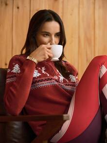 Activina Christmas Pattern Stand Collar Women's Ski Sweater Christmas Sweater Red Sweater - Red and White - View 9