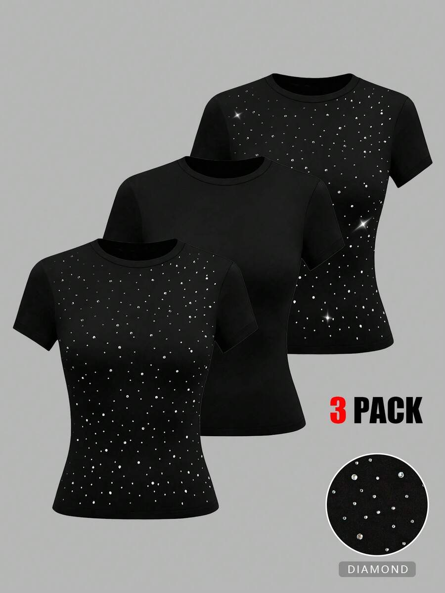 Lyxana 3pcs/Set Casual Round Neck Solid Color Rhinestone Embellished Women's T-Shirts, Spring/Summer - Black - View 1