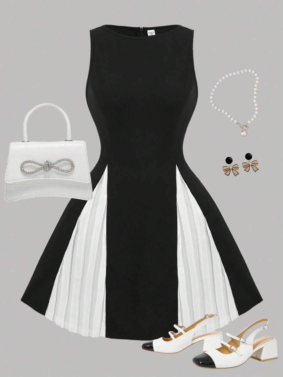 SHEIN Girlism 少女优雅、复古、派对、圣诞节、公主裙、黑白对比下摆迷你裙 - 黑與白 - 查看 1