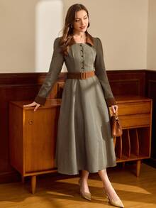 Vintamour Vintage Classic Elegant Women's Dress, Autumn/Winter Fitted Colorblock Plaid Dress With Collar, Belt, Pockets, Long Sleeve, Brown