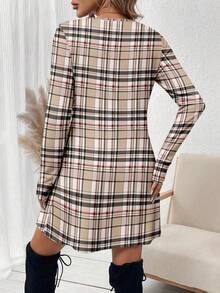 SHEIN LUNE Váy ngắn họa tiết kẻ caro nâu phong cách Anh cổ điển dành cho nữ, phù hợp cho mùa thu/đông, sang trọng cho các buổi hẹn hò, tiệc tùng, đi chơi và đi làm - Nhiều màu - Xem 2