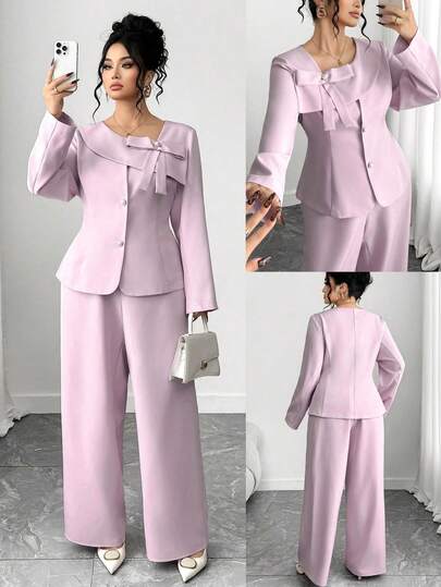 Elenzga Plus Size Women's Pink Bow Decor Button Closure Waist Cinched A-Line Jacket And Pants Suit Set, Elegant Slimming Design, Suitable For Autumn/Winter Outings, Gatherings, Back To School, Graduation, Holidays, Valentine's Day, Music Festivals, Mother's Day, Halloween, Thanksgiving, Easter, National Day, Dances, Dates, Parties, Weddings, Outdoor Activities