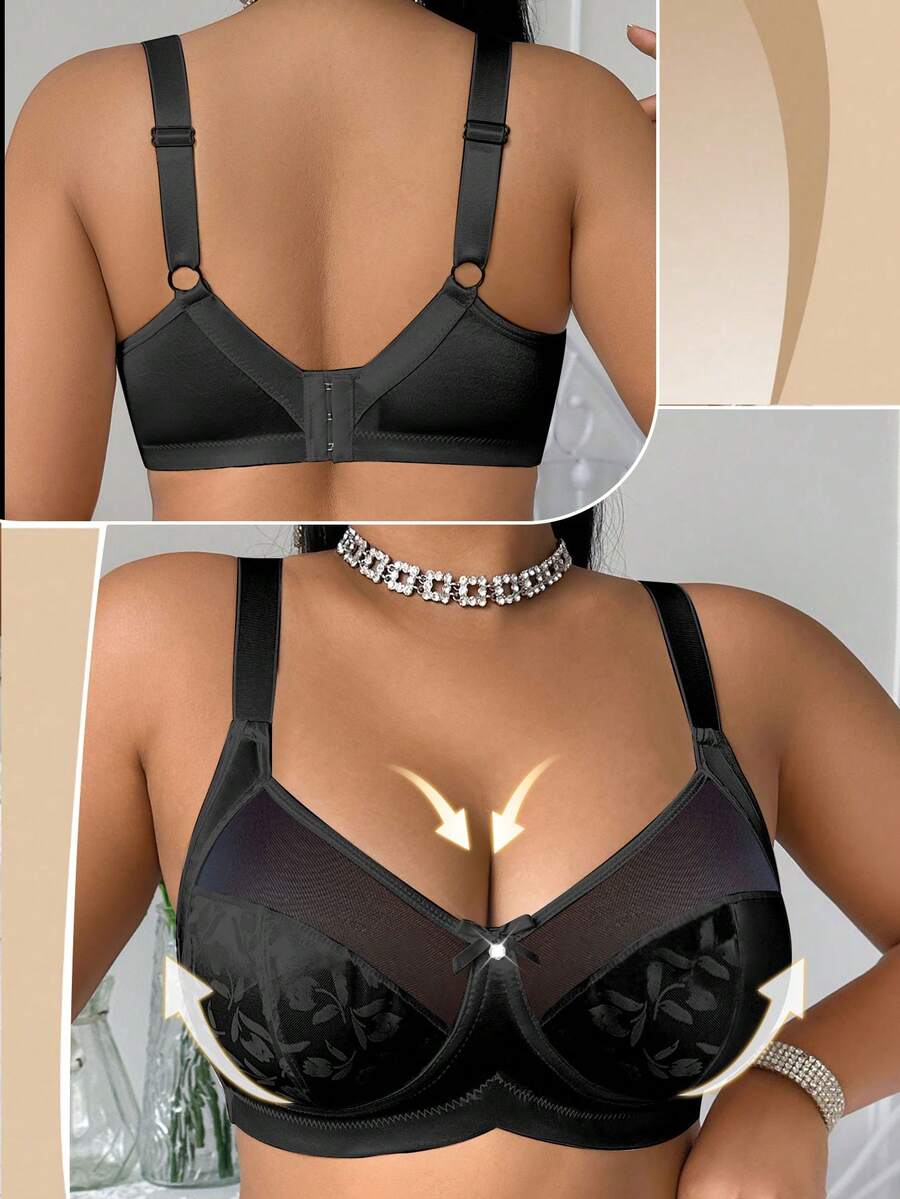 SHEIN Sujetador inalámbrico con decoración de anillo de unicolor para tallas grandes - Negro - Ver 1