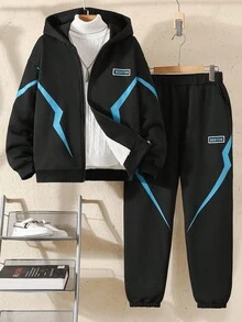 Vacaura 两件套青少年男童闪电印花针织外套（带保暖内衬）和运动裤，适合秋冬季外出穿着