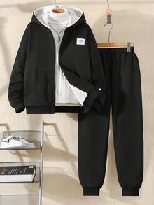 Vacaura 2件套青少年男童休闲黑色保暖连帽卫衣带口袋和裤子套装，适合秋冬季外出穿着 - 黑色 - 查看 5